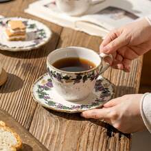 French Retro Grape Vine Embossed Ceramic Cup And Saucer Set, Shallow Embossed Craftsmanship, Unique Pattern Design, Coffee Cup And Saucer, Afternoon Tea Cup And Saucer, Beverage Cup, Latte Cup, Snack Plate, Suitable For Daily Use, Home, Restaurant, Cafe, Suitable As A Gift - Multicolor - View 7