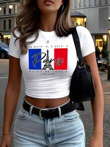 Paris City Of Love Since 259 Art Letter Print Women T Shirt Summer Short Sleeve Hip Hop Crewneck Clothes Slim Yoga Crop T-Shirts - 白色 - 查看 1