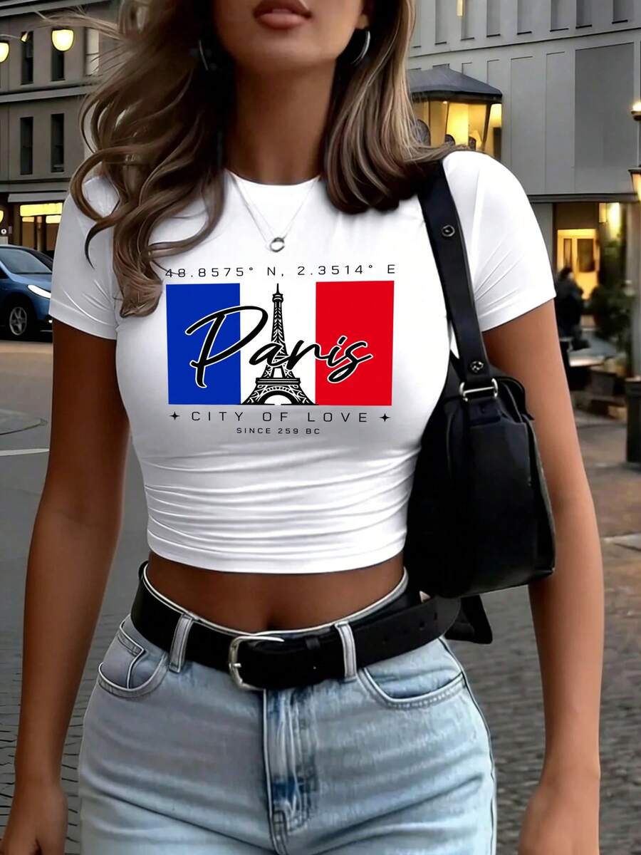 Paris City Of Love Since 259 Art Letter Print Women T Shirt Summer Short Sleeve Hip Hop Crewneck Clothes Slim Yoga Crop T-Shirts - 白色 - 查看 1