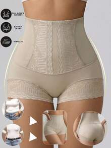 High-Waisted Beige Lace Panties. Butt-Lifting Compression, Seamless, Lightweight. - Apricot - View 2