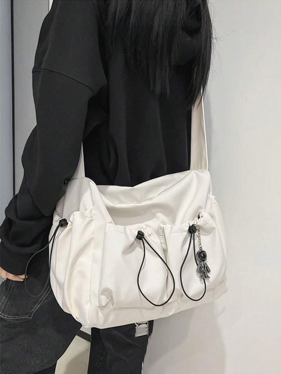 Women's Large Capacity Crossbody Bag With Pendant, Unisex Multi-Pocket Drawstring Waterproof Nylon Shoulder Bag - Beige - View 1