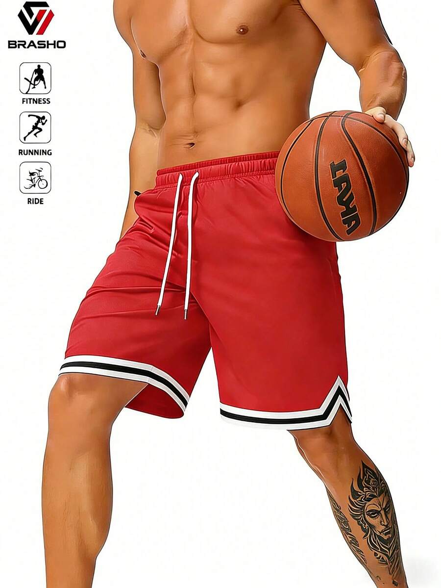 Short de basket-ball d'été décontracté et à la mode pour hommes, short à cordon de serrage élastique en maille à séchage rapide, mi-long - Rouge - Voir 1