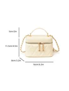 Women Quilted Diamond Pattern Box Bag Top Handle Handbag Elegant Shoulder Bag - Beige - View 3