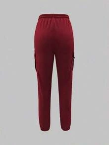 Women's Fashion Elegant Solid Color Casual Pocket Elastic Waist Drawstring Cargo Pants Spring - Red 74 - View 5