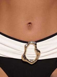 Wohenmeili Contrast Color Patchwork Metal Decor Women's Bikini Set High Cut Swimsuit Vacation Beachwear Sexy Two Piece Swimwear 2026 New Arrival - 黑與白 - 查看 7