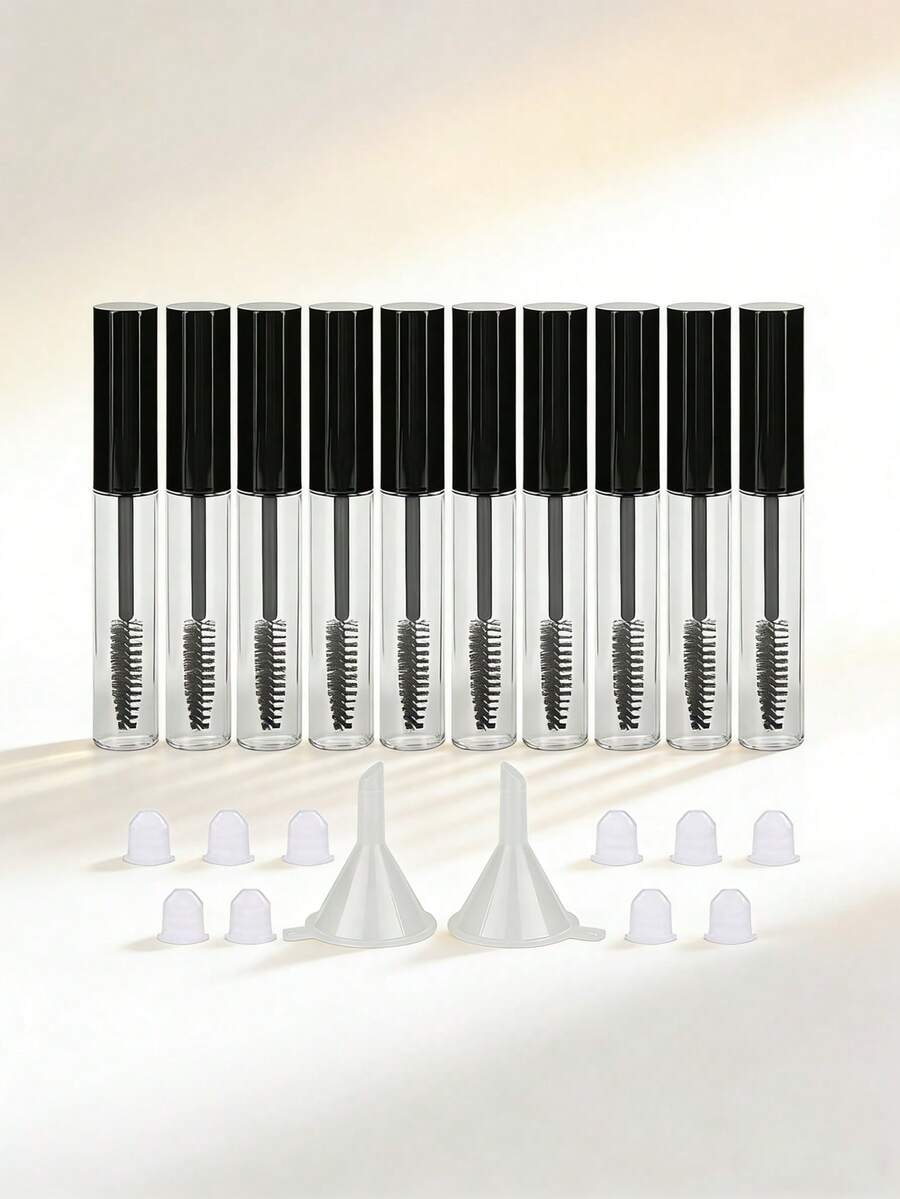 Bộ 10 chai đựng mascara rỗng màu đen 10ml kèm cọ chuốt mi, nắp, nút cao su và phễu, hộp đựng mỹ phẩm chống rò rỉ có thể tái sử dụng để tự làm serum dưỡng mi dầu thầu dầu, mascara tùy chỉnh, kem kẻ lông mày, dụng cụ trang điểm cỡ nhỏ tiện dụng cho salon làm đẹp, bộ trang điểm chuyên nghiệp, quà tặng cho người yêu thích trang điểm sử dụng tại nhà. - màu đen - Xem 1