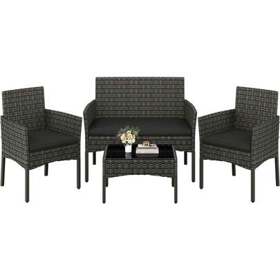 4 Pieces Outdoor Patio Conversation Set, PE Rattan Wicker Sofa Set With Soft Cushion And Tempered Glass Table