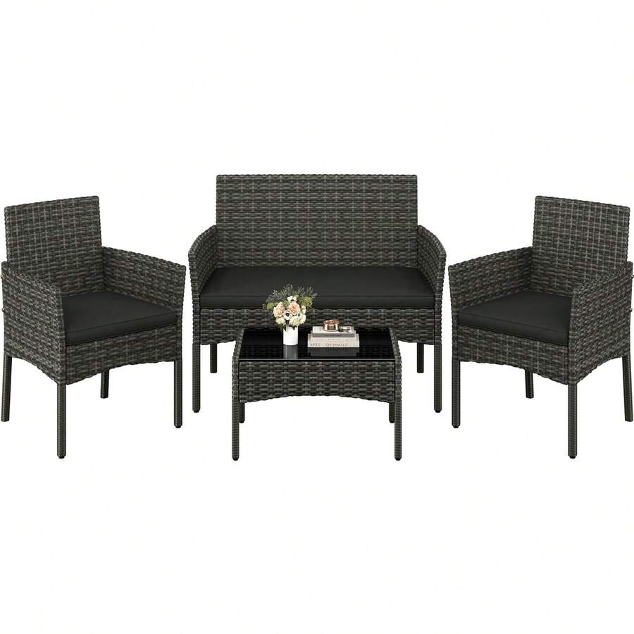 4 Pieces Outdoor Patio Conversation Set, PE Rattan Wicker Sofa Set With Soft Cushion And Tempered Glass Table - Grey - View 1