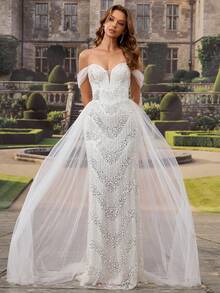 HEARBOBO Elegant Luxurious Medieval White Lace Embroidered Ball Gown, Tulle Mermaid Wedding Dress - White - View 2