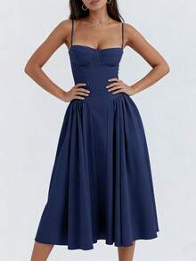Vestido midi de estilo francés para mujer Elegante vestido de tirantes de color dopamina inspirado en lo vintage para mujer - Azul - Ver 2