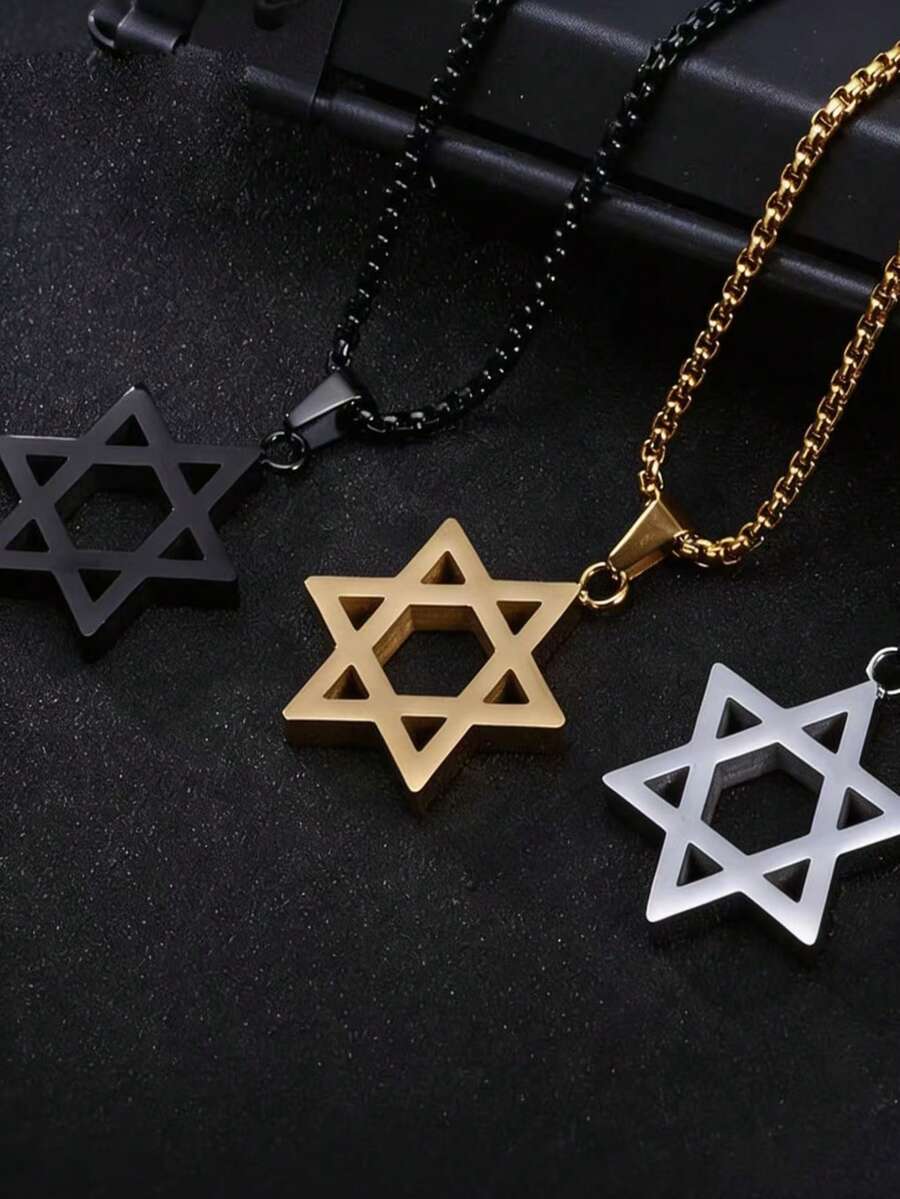 1pc Men's Hexagram Pendant Necklace, Stainless Steel Electroplated, Non-Fading, Minimalist Design, Personalized Accessory - Gold - View 1
