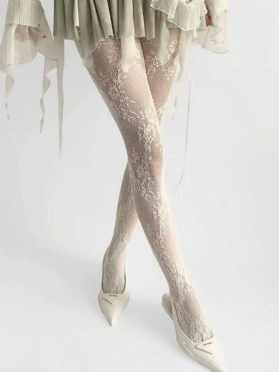 1双女士过膝长袜，花卉图案，弹性极佳，深色设计，适合日常穿着。 - 彩色 - 查看 1
