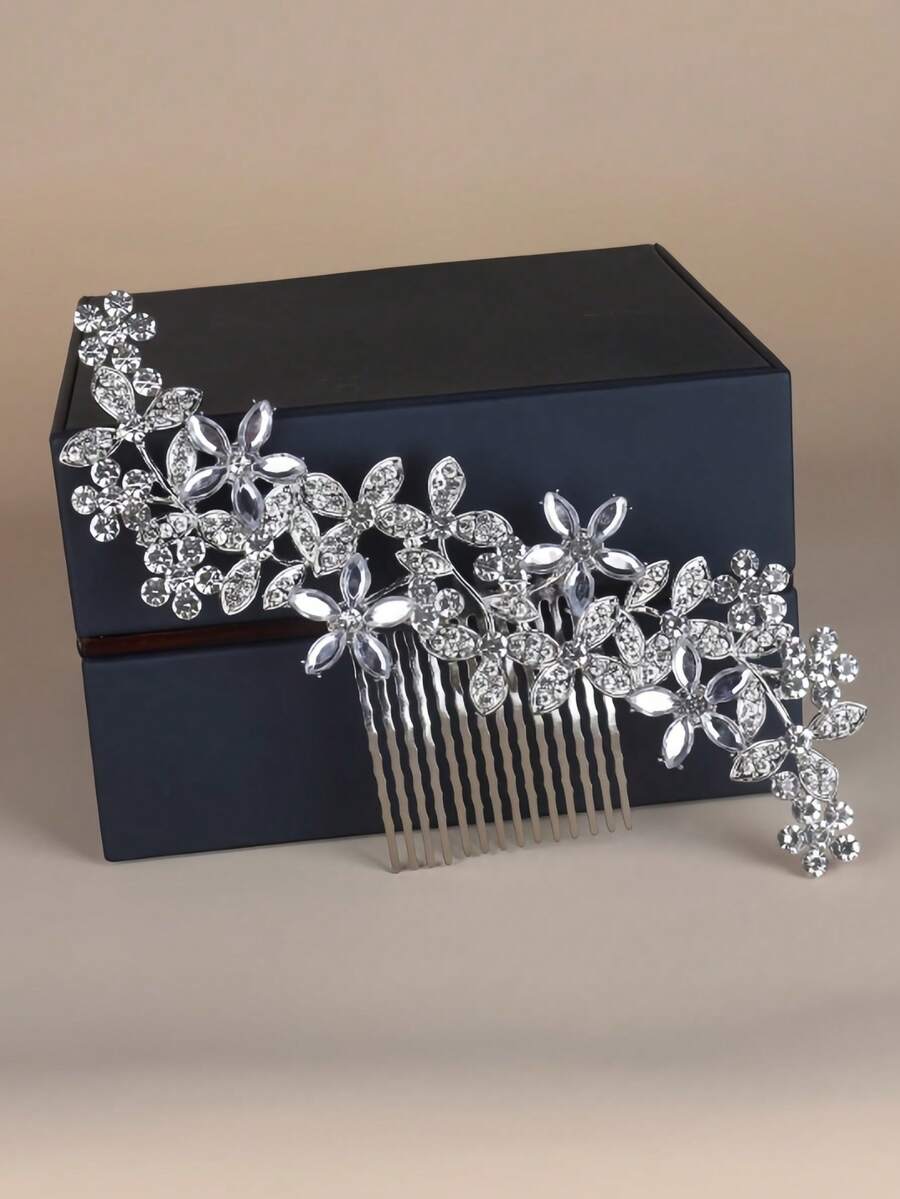 复古合金水钻发梳，优雅新娘头饰，适合婚礼派对盘发 - 銀色 - 查看 1
