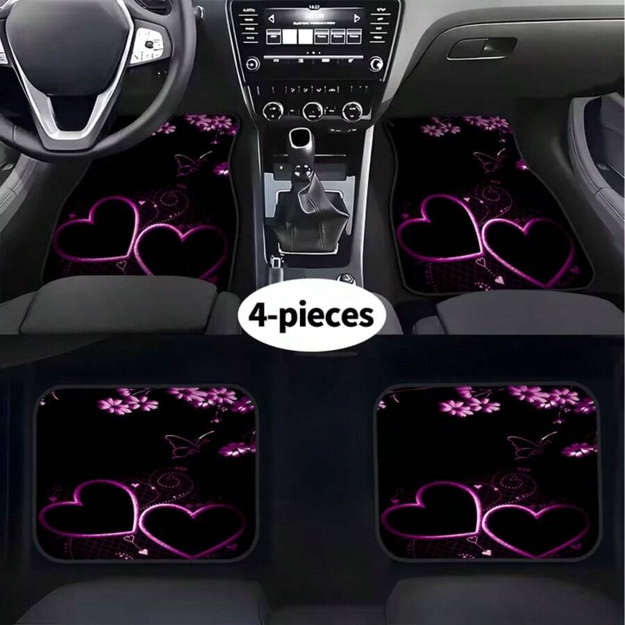 4pcs Heart And Butterfly Pattern Premium Floor Mats, Easy-To-Clean Interior Accessories, Suitable For Front And Rear Seats, All-Season Use, Fashionable And Durable, Perfect Gift - Multicolor - View 1