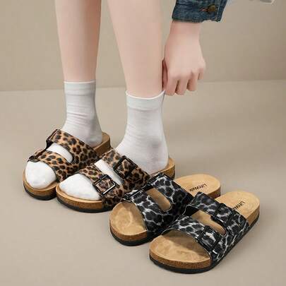 Clásicas zapatillas tipo mula de corcho suave y casual, con estampado retro de leopardo para mujer