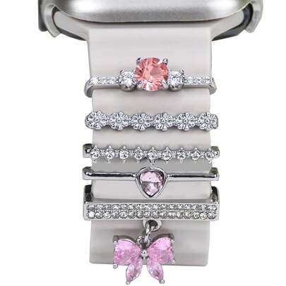 5pcs Watch Band Decorative Rings, Elegant Crystal Heart & Bow Decor Charms, Multiple Colors Available, Suitable For Apple Watch Bands, Suitable For Daily Wear