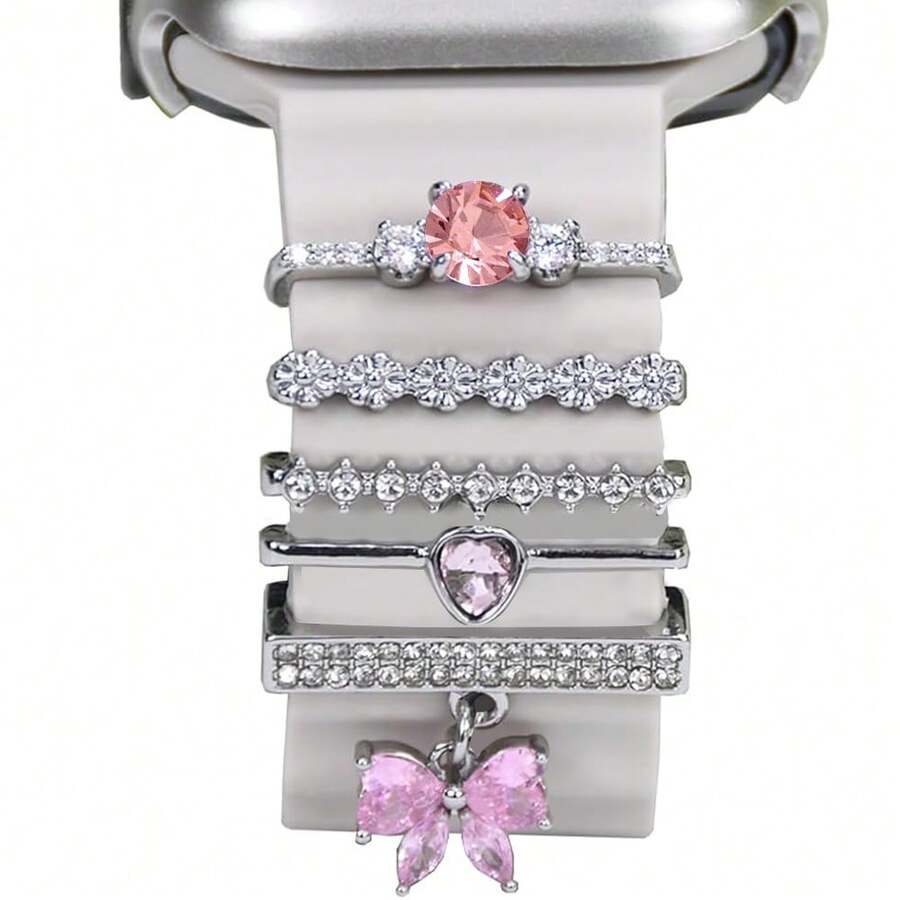 5 buah Cincin Dekoratif untuk Tali Jam Tangan, Hiasan Hati & Pita Kristal Elegan, Tersedia Berbagai Warna, Cocok untuk Tali Jam Tangan Apple, Cocok untuk Pemakaian Sehari-hari - Berwarna merah muda - View 1