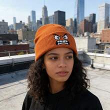 Embroidered Knit Beanie, Anime Peripherals, Angry Expression, Pullover Hat, Cute Knitted Hat, Autumn/Winter, Warm, Casual - Brown - View 4