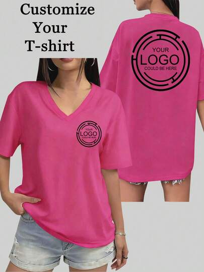 Customized Women's V-Neck Oversized Shirt, Magenta - Personalized Gift For Girlfriend/Wife, Customizable With Logo/Photo/Advertisement Printing, Suitable For Work Uniform, Dance Team Outfit, Anniversary, Valentine's Day, Christmas, Thanksgiving, New Year Patterns Summer