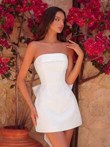 Elegante vestido corto de fiesta para baile de graduación, fiesta de cumpleaños, cita, fiesta de bienvenida, boda, cena formal, festival familiar de primavera, con escote de corazón, cintura alta, espalda descubierta, lazo exagerado en 3D, color blanco - Blanco - Ver 3