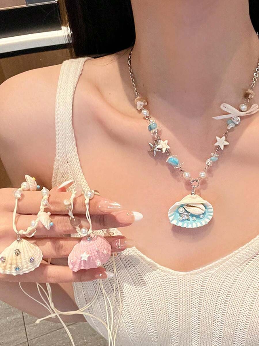 1件时尚Y2K海洋风贝壳项链,编织绳搭配仿珍珠吊坠,适合女性日常、派对、度假佩戴,亦可作为日常礼物 - 彩色 - 查看 1