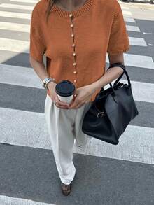 Round Neck Solid Color Pearl Button Short Sleeve Casual Versatile Knit Cardigan, Loose Fit, Suitable For Everyday Wear - Reddish Brown - View 2