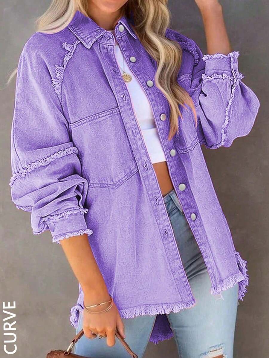 Plus Size Women's Loose Fit Pink Jacket With Raglan Sleeves And Tassel Trim, Suitable For Spring And Autumn Casual - Purple - View 1