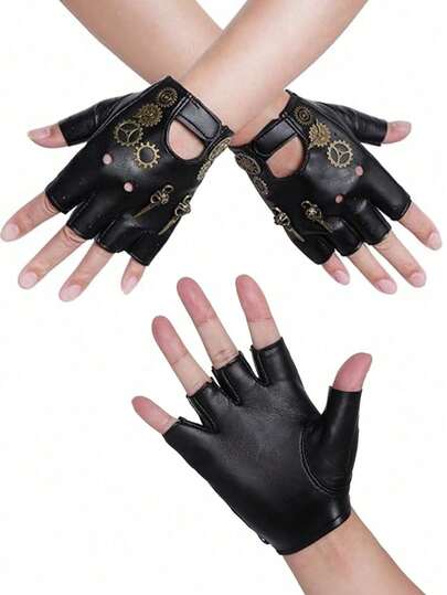 2pcs-Steampunk Gloves, PU Leather Gothic Retro Fingerless Gloves With Gears, Suitable For Role-Playing And Dressing Up. This Steampunk Fingerless Gothic Retro Glove Is Perfect For Role-Playing Costumes, Dance, Hip-Hop, Costume Parties, Performances, Pole Dancing, Party Concerts, Driving, Cycling, Motorcycles, Etc.
