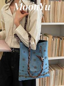 Women's Denim Tote Bag, Large Capacity Shoulder Bag, Vacation Scarf, Blue - Blue - View 2