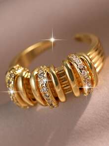 1pc Creative Multi-Level Lines Gold Plated Openable Rings Old Money Style Cubic Zirconia Women Ring For Birthday Festival Mother's Day Anniversary Gifts Copper Jewelry - Yellow Gold - View 6