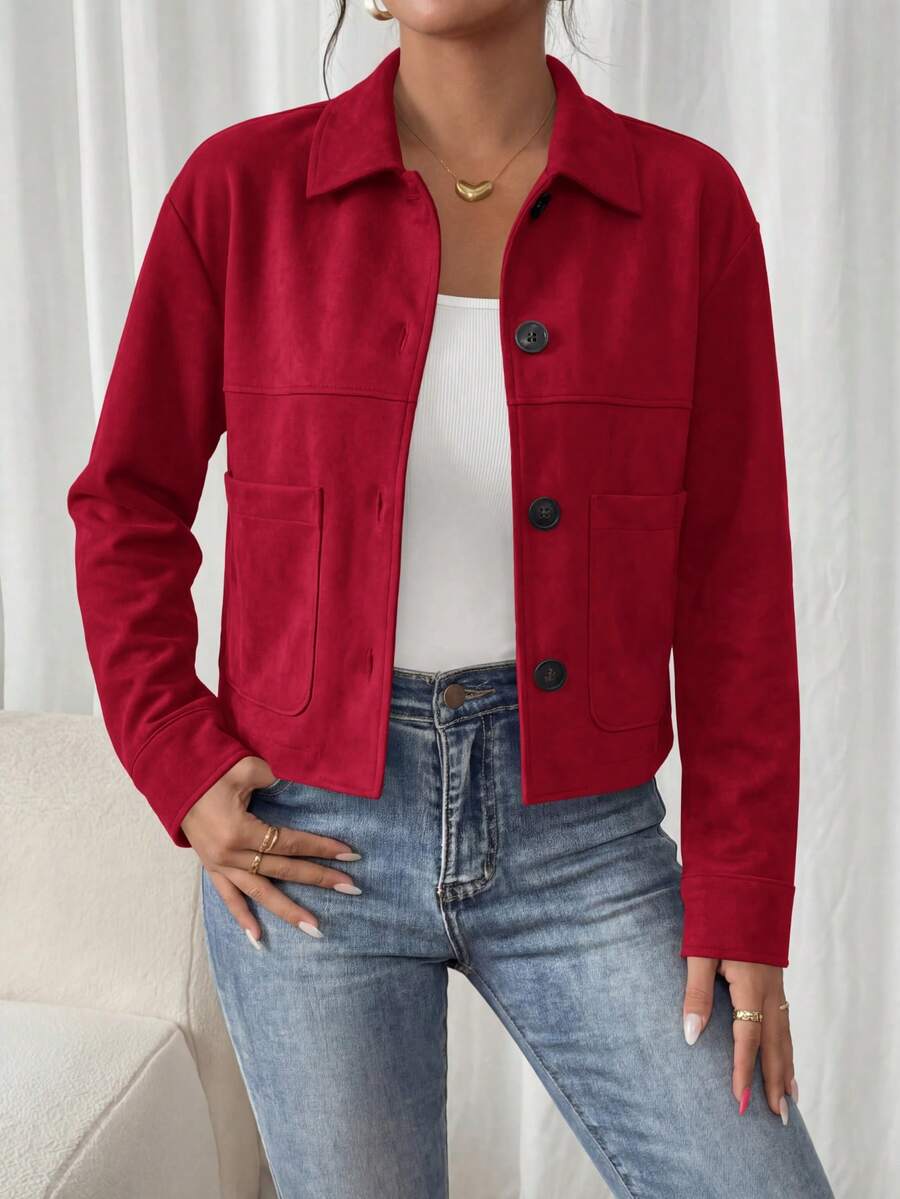PRETTYGARDEN Women's Faux Suede Cropped Jacket Casual Fall Fashion Button Down Winter Coats Outerwear Clothes Christmas New Years Outfit Women - 紅色 - 查看 1