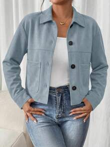 Women's Faux Suede Cropped Jacket Casual Fall Fashion Button Down Winter Coats Outerwear Clothes Christmas New Years Outfit Women - 淺藍色 - 查看 5