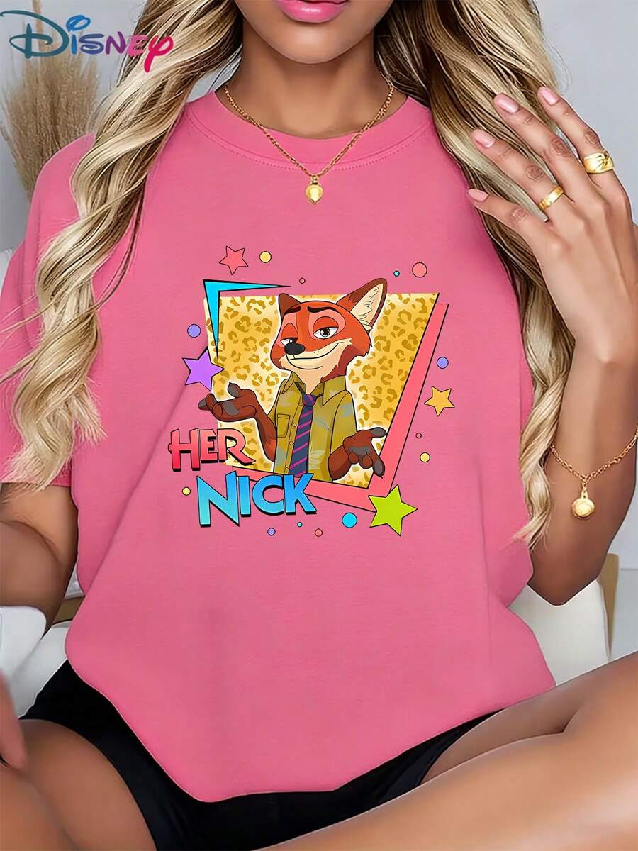 Casual Women's Disney Graphic T-Shirt, Featuring Nick Wilde "Her Nick" Design (Red Fun Print) - Versatile For Dates, Hangouts & Casual Outings, Popular Women's Cartoon TeeMade From Soft, Comfortable, And Durable Pure Cotton, This Is An Ideal Choice For Spring And Summer. This Crew Neck T-Shirt Is Suitable For Various Occasions, Including Everyday Wear, Shopping, Parties, Travel, And Gatherings, And Also Makes A Thoughtful Gift. - 粉色 - 查看 1
