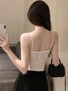Sexy Spaghetti Strap Lace Patchwork Knit Camisole Top, Versatile Slim Fit Backless Cami Top - White - View 2