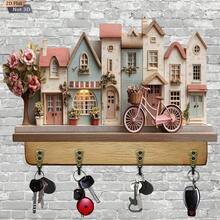 1-Piece Pink Fairy Tale Style Wooden Key Holder With 4 Metal Hooks-Retro Style Wall-Mounted Decorative Storage Rack, Suitable For Home, Villa, Key Wall, And Porch Decoration, Unique Design, Sturdy Structure, Excellent Home Storage Tool - Pink - View 1