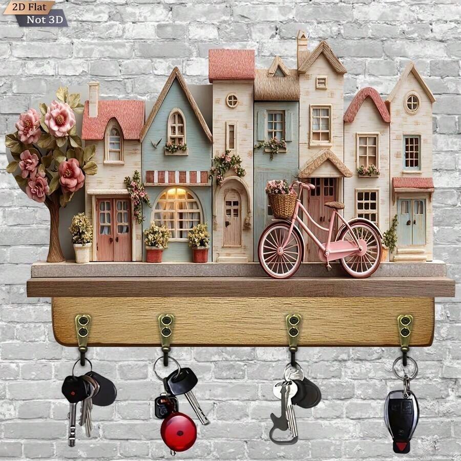 1-Piece Pink Fairy Tale Style Wooden Key Holder With 4 Metal Hooks-Retro Style Wall-Mounted Decorative Storage Rack, Suitable For Home, Villa, Key Wall, And Porch Decoration, Unique Design, Sturdy Structure, Excellent Home Storage Tool - Pink - View 1