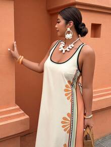 杏色无袖印花长裙 - 复古波西米亚风格，适合度假、休闲穿着，尺码齐全，女士春夏连衣裙，优雅大方 - 彩色 - 查看 3