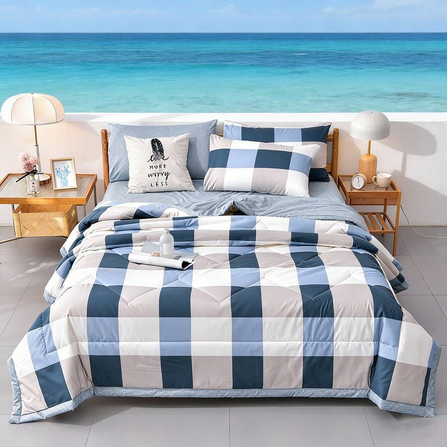 1 pieza Edredón de verano con borde ancho acolchado, a cuadros y con estampado floral, amigable con la piel, suave y fino, transpirable y que absorbe la humedad, minimalista y de moda para aire acondicionado - gediao pausado - Ver 1