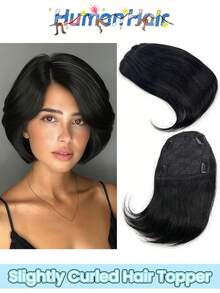 Women's Real Human Hair Slightly Curled Straight Hair Topper,Side Forehead Part Hairline Cover Toppers Hairpiece Extensions 8 Inch - Natural Black - View 1