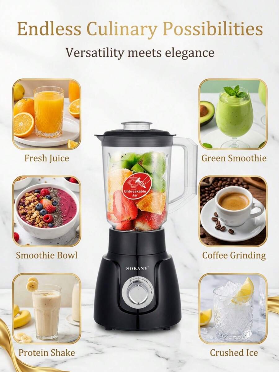 Batidora de pie y exprimidor SOKANY-185, taza de mezcla de 1.6L + taza de molienda, 2 velocidades ajustables, licuadora de cocina para smoothies, adecuada para bebidas de frutas congeladas, smoothies, comida para bebés, salsas y purés de frutas - Negro - Ver 1