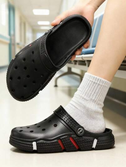 大码透气镂空凉鞋，黑色夏季户外防滑休闲沙滩拖鞋，男士款，超轻柔软鞋底