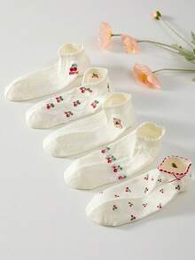 5 Pairs Cherry Pattern Women's White Lace Trim Ankle Socks, Non-Slip Breathable, Suitable For Spring And Summer - White - View 6