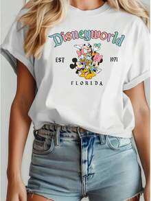 Disney Mickey And Minnie Mouse Family Fun Summer T-Shirt For Men, Distressed Finish, One-Piece Design, Pure Cotton Fabric, Comfortable And Breathable, Casual Outdoor Street Style, Crew Neck; High-Quality Fashion Brand, An Ideal Surprise Gift For Family And Friends, Or A Travel Gift. - 白色 - 查看 2
