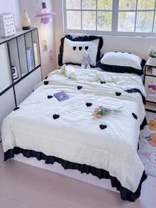 3pcs Heart Embroidery Bedding Set, Quilted Blanket And Pillowcase Coverlet - White - View 3