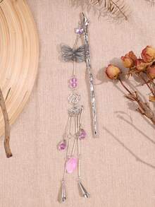 1个优雅复古中式紫色镂空花朵蝴蝶金属发夹，新款中式汉服/旗袍发饰，头饰，发髻延长，发型发夹 - 銀色 - 查看 8