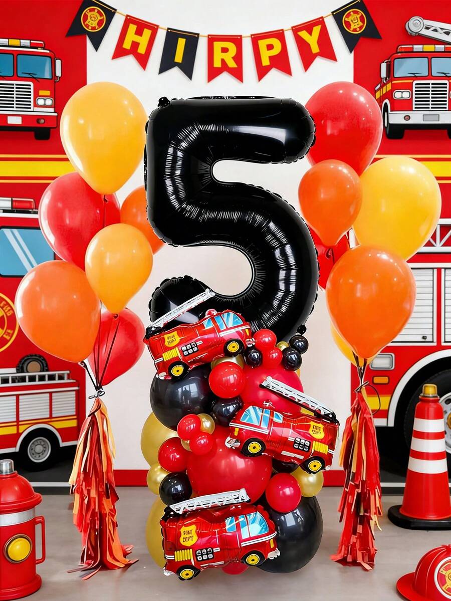 50件組消防車主題生日氣球套組，含32英吋黑色生日數字氣球、迷你消防車、乳膠氣球，適用生日派對、消防主題派對背景裝飾用品