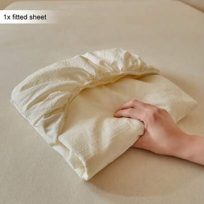 1 pieza Sábana ajustada con rayas verticales de jacquard color marfil, estilo adecuado para todas las estaciones, suave y transpirable, lavable a máquina, con bolsillo profundo, tamaño full