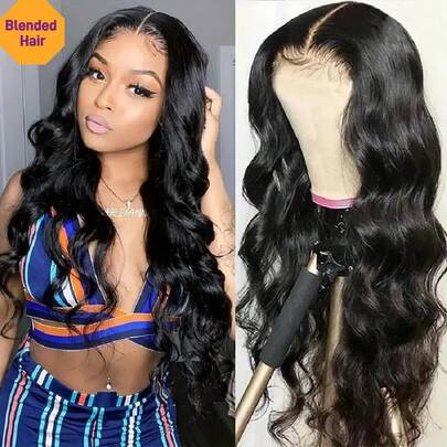 Body Wave 13x4 Lace Frontal Wig Pre Plucked Headline Short Bob Wavy Hair 180% Denisty Heat Resistant Synthetic Mixed Human Blended Hair Wig With Baby Hair For Women Natural Color