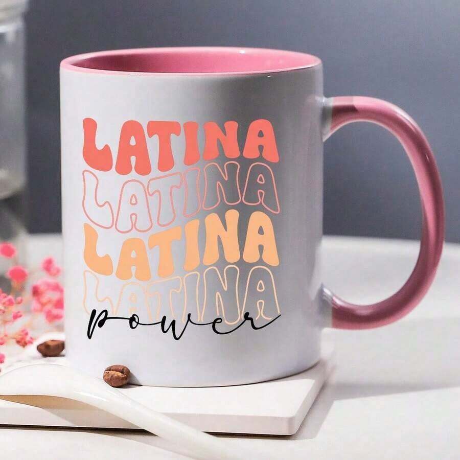 1pc, 11oz Ceramic Coffee Mug, LATINA Insulated Thermal Tea Cup With Prominent Orange LATINA Logo, Suitable For Women, Office, Home Or Gatherings, Durable Barware Accessory - Pink - View 1