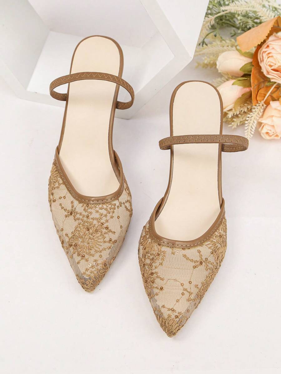 2026春季新款中国风白色高跟穆勒鞋，女士尖头蕾丝刺绣套脚凉鞋，优雅女士高跟鞋，适合优雅派对和婚礼场合 - 棕色 - 查看 1